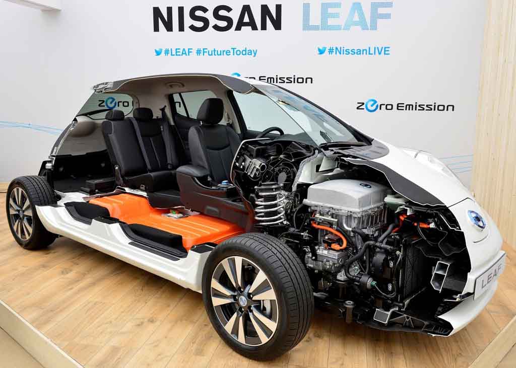 Nissan Leaf med 40 kWh batteri. Batteriet ligger så lavt som muligt, i bunden af bilen.